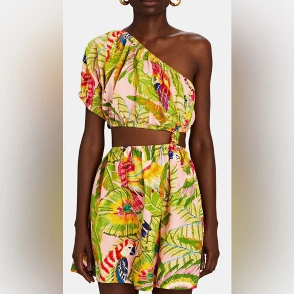 Farm Rio Macaw Leaves Linen-Blend Cutout Mini One-Shoulder Dress, sz XS - Picture 2 of 12